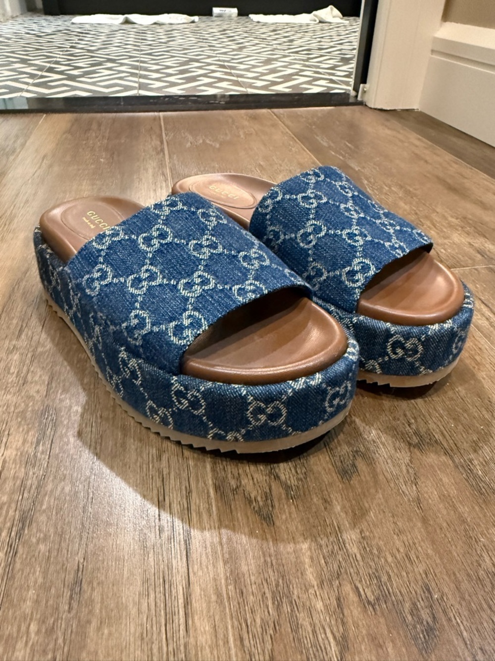 Gucci Blue Denim GG Platform Slide Mules